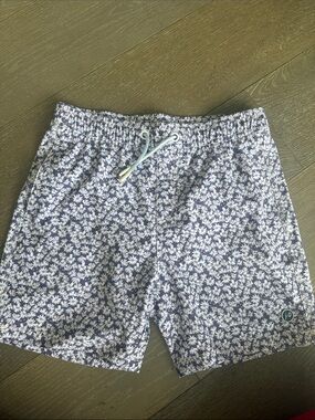 johnnie-O Navy and White Floral Kids Swim Trunks